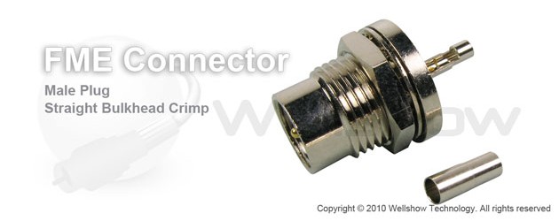 FME connector plug straight bulkhead crimp for RG178, 1.13mm coax cable