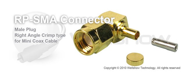 RP SMA connector male right angle crimp for RG178, 1.13mm coax cable