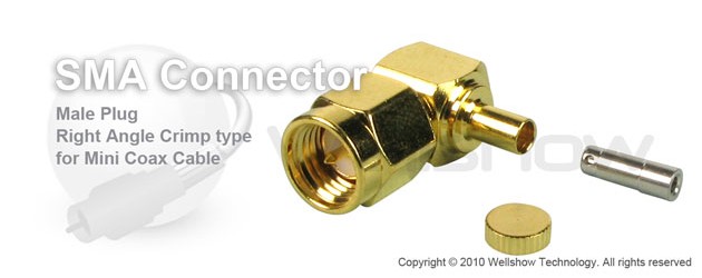 SMA connector male right angle crimp for 0.81mm, 1.48mm coax cable