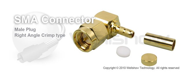 SMA connector male right angle crimp for LMR200, B7807A coax cable