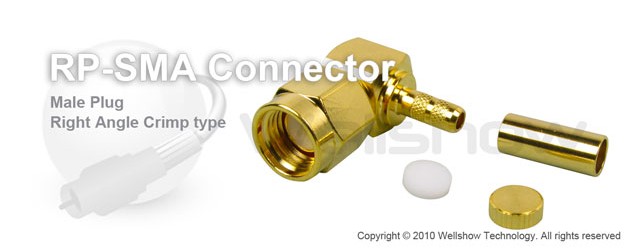 RP SMA connector male right angle crimp for RG174, RG316 coax cable