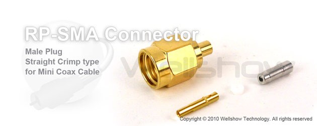 RP SMA connector male straight crimp for RG178, 1.13mm coax cable