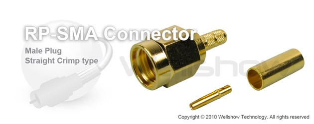 RP SMA connector male straight crimp for RG188, LMR100 coax cable